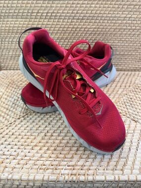 Hoka Women's Red Athletic Running Sneakers with Gold Accent